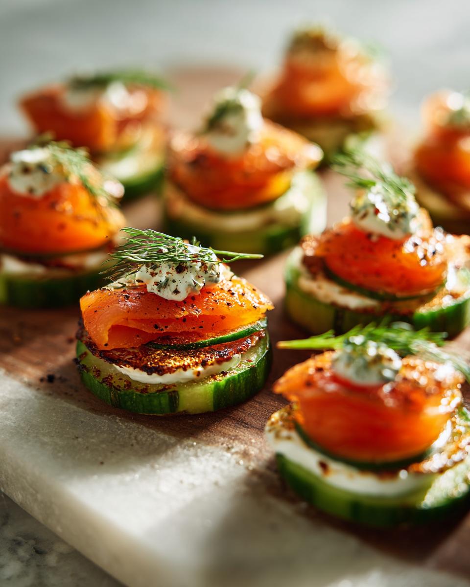Close-up of Smoked Salmon Cucumber Bites topped with cream cheese and dill on a wooden board.