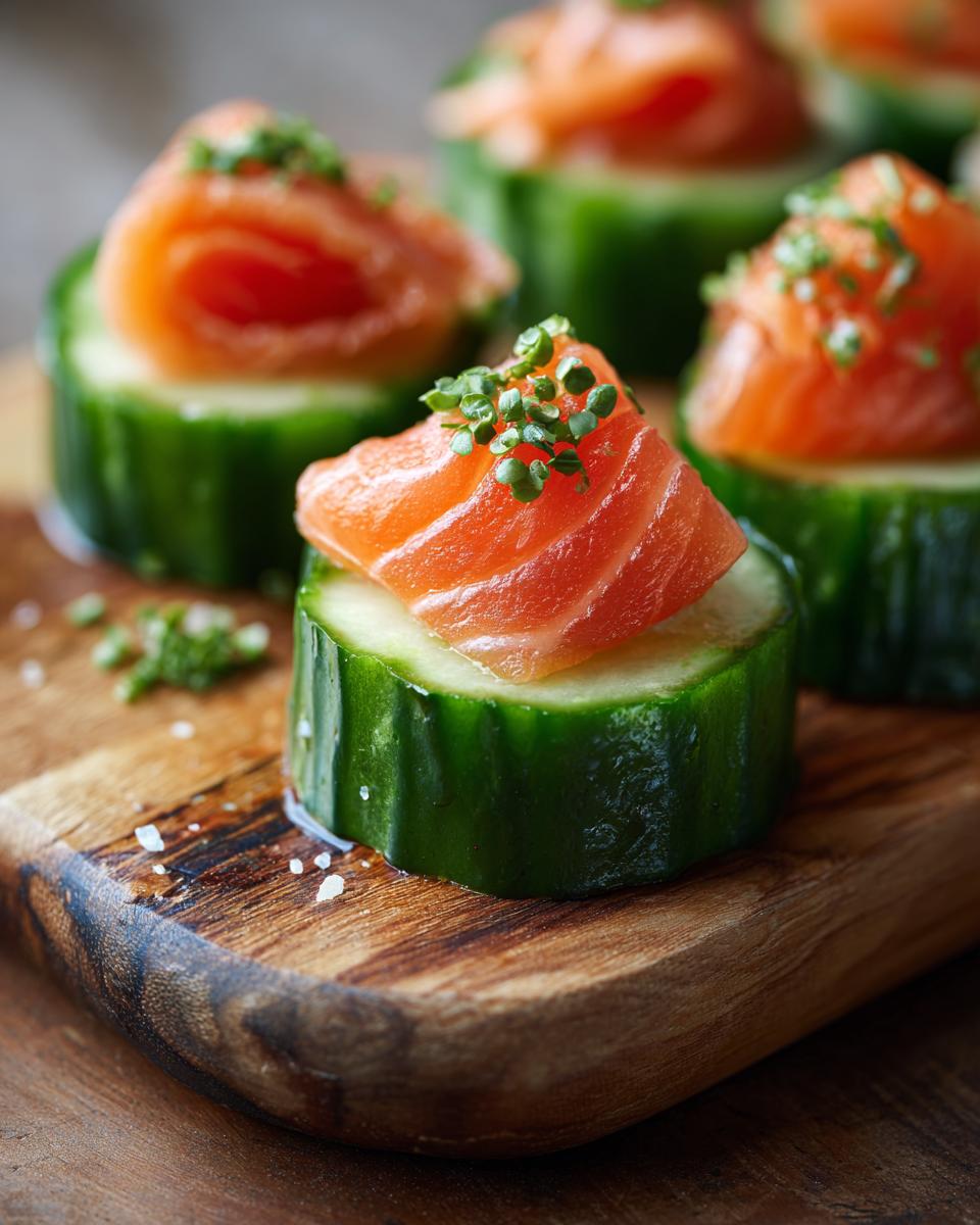 Close-up of Smoked Salmon Cucumber Bites topped with fresh herbs and sea salt on a wooden board.