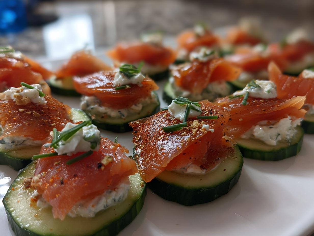 Close-up of Smoked Salmon Cucumber Bites topped with cream cheese and chives, seasoned with paprika.