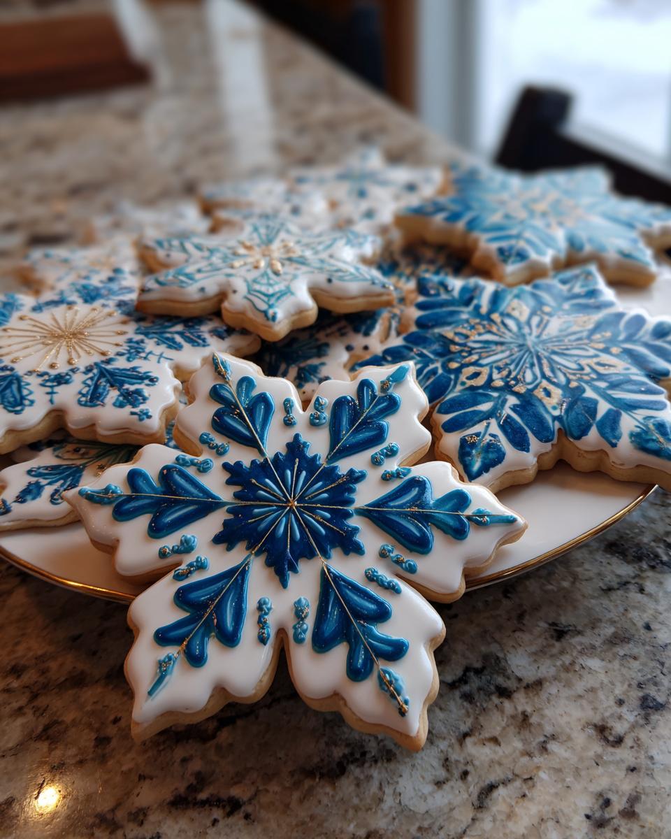 Close-up of intricately decorated snowflake cookies using blue and white royal icing with gold accents.