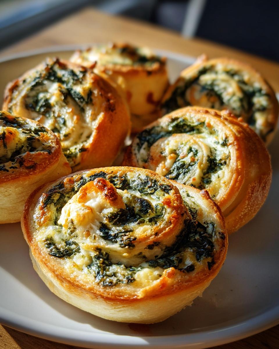 Close-up of golden-brown Spinach Dip Pinwheels with visible spinach and cheese filling.