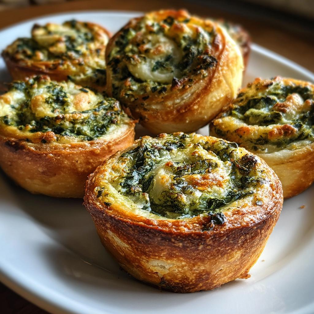 Close-up of golden-brown Spinach Dip Pinwheels filled with creamy spinach and cheese on a white plate.