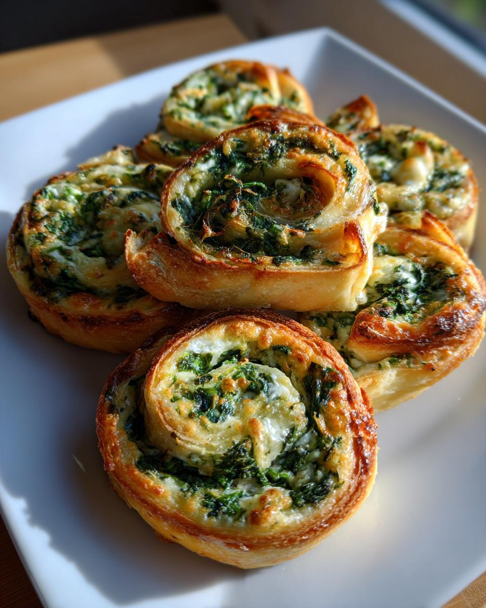 Close-up of golden-brown Spinach Dip Pinwheels filled with creamy spinach and cheese, arranged on a white plate.