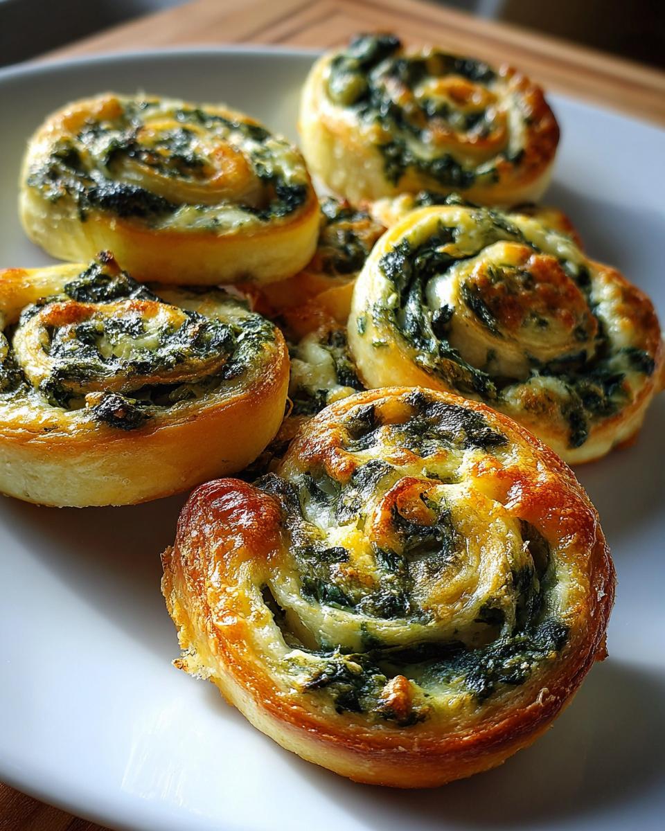 Close-up of golden-brown Spinach Dip Pinwheels with visible spinach and cheese filling.