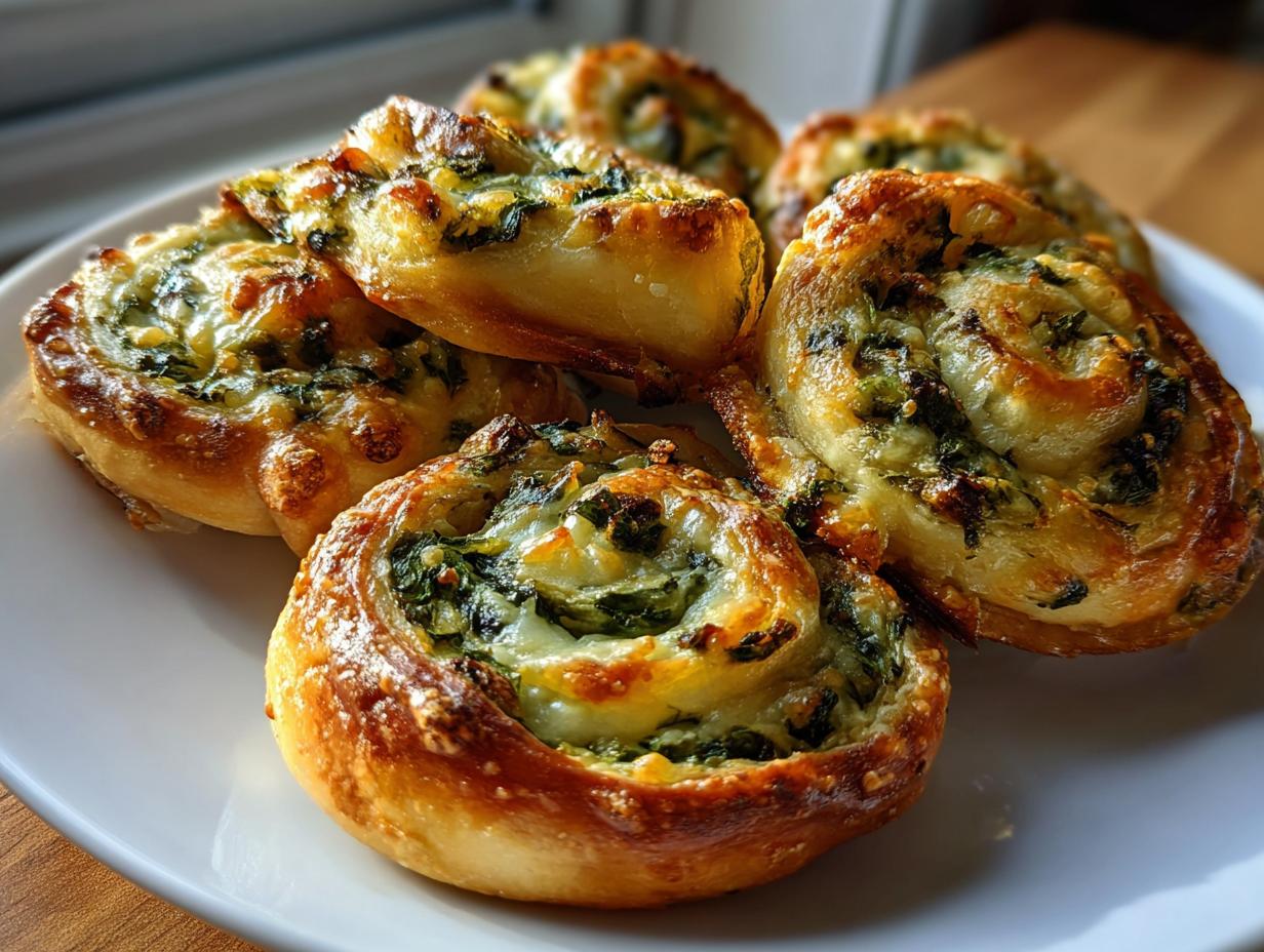 Close-up of golden-brown Spinach Dip Pinwheels, showcasing the cheesy spinach filling and flaky pastry.