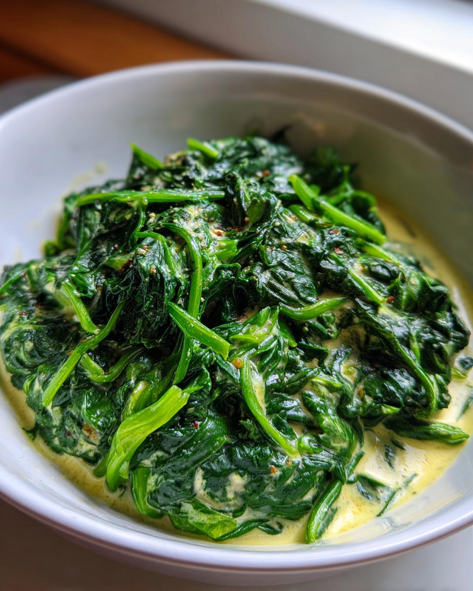 A close-up of rich and creamy steakhouse style creamed spinach served in a white bowl.
