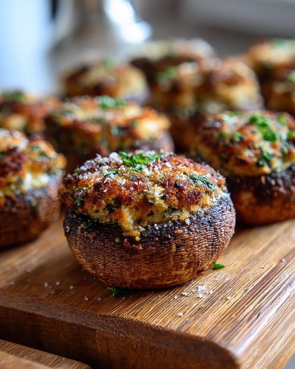 Close-up of golden-brown Stuffed Mushrooms (Make Ahead) appetizer, topped with herbs and cheese, on a wooden board.