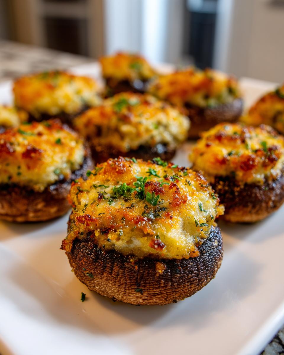 A close-up of golden-brown stuffed mushrooms (make ahead) topped with herbs on a white plate.