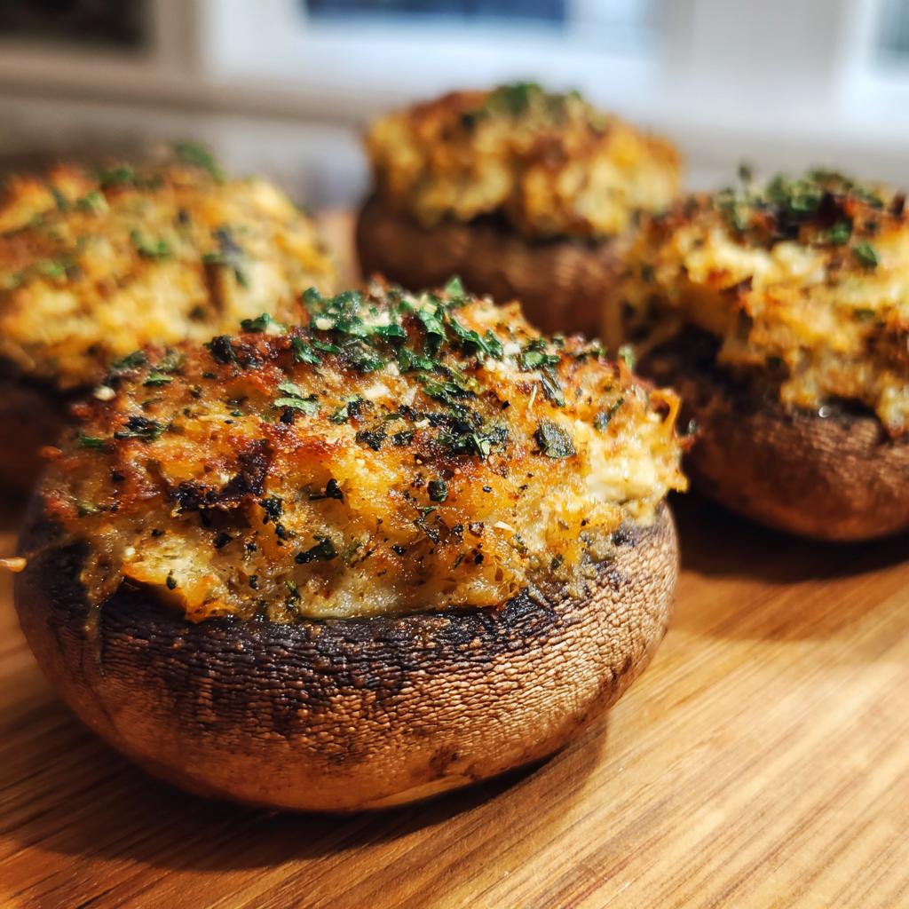 Close-up of golden-brown stuffed mushrooms, topped with herbs, ready to be served.