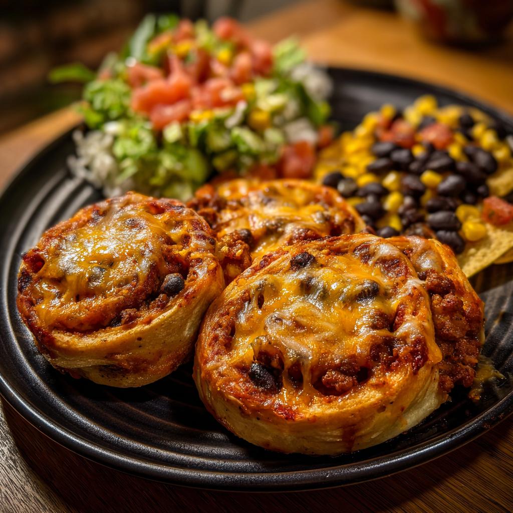 Close-up of three cheesy taco pinwheels, a delicious NYE snack for a crowd, served with a side of corn and black bean salsa.