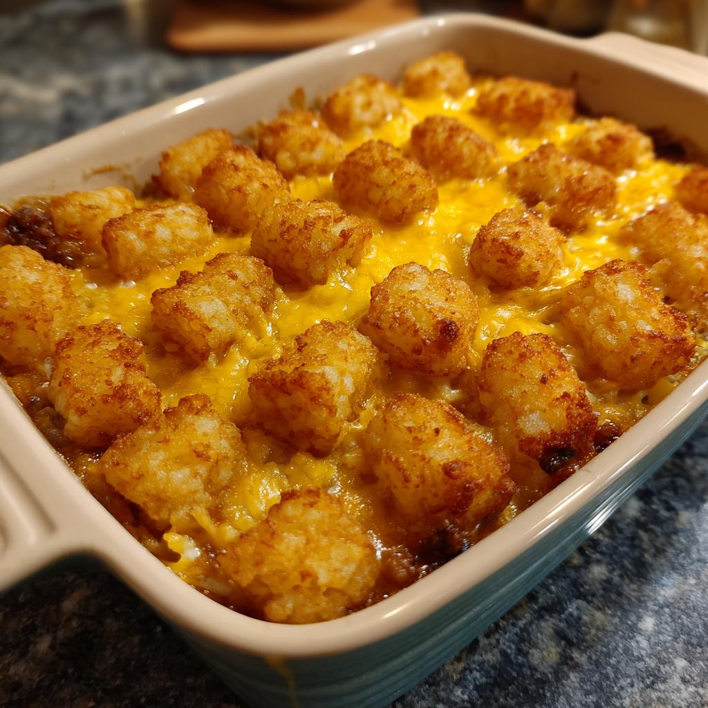 Close-up of a Tater Tot Breakfast Casserole with a perfectly crispy golden-brown top and melted cheese.