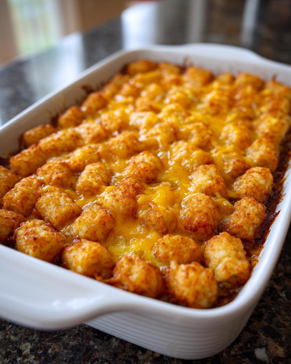 Close-up of a Tater Tot Breakfast Casserole with a golden crispy top and melted cheese.