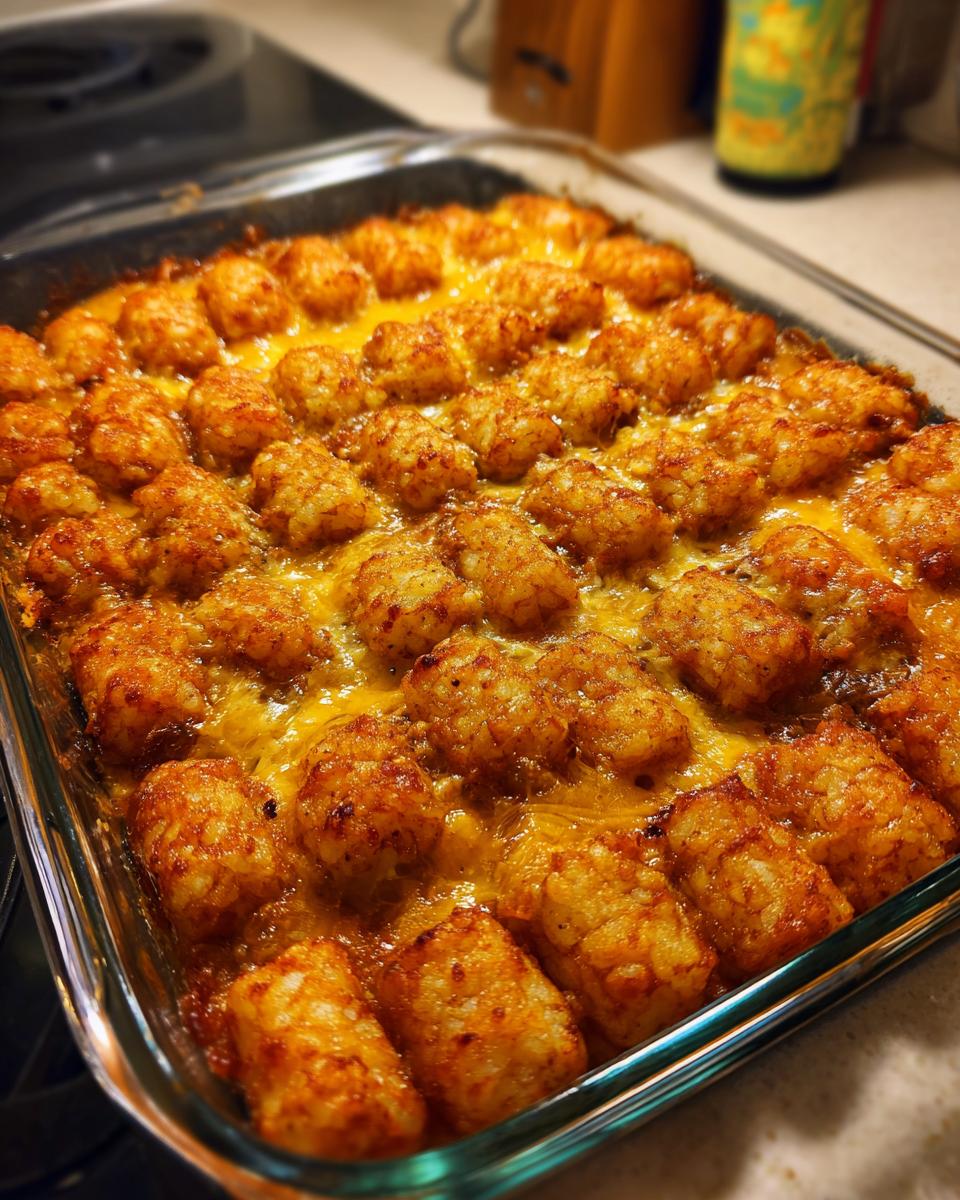 Close-up of a Tater Tot Breakfast Casserole with a perfectly crispy top and melted cheese.
