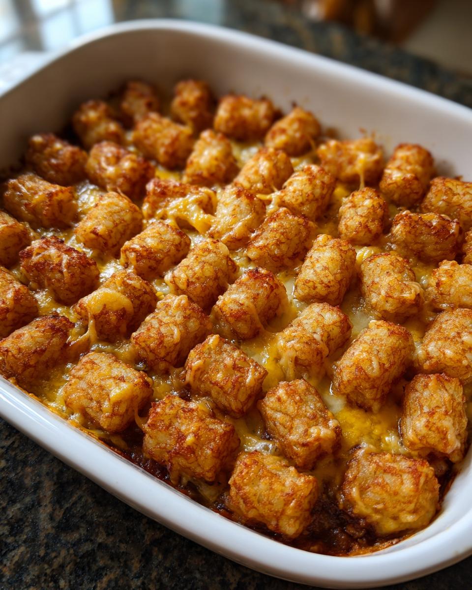 Close-up of a golden brown Tater Tot Breakfast Casserole with a crispy top and melted cheese.
