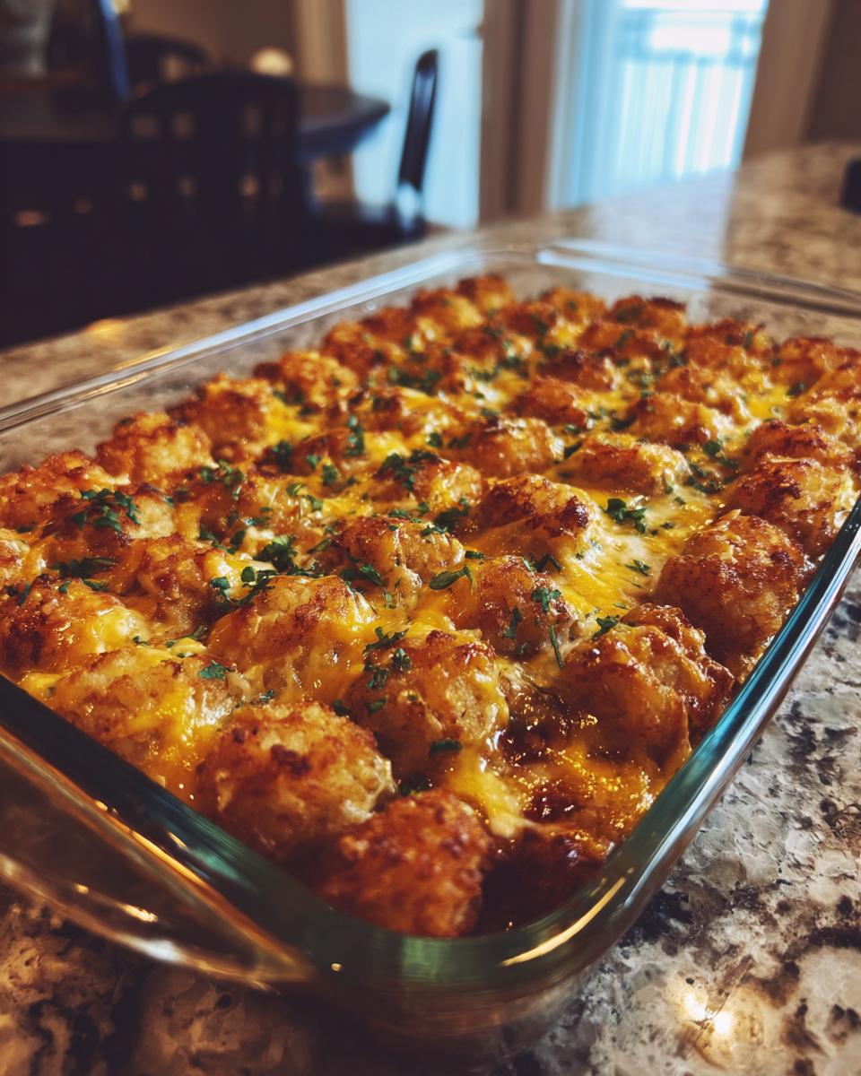 A close-up of a freshly baked Tater Tot Breakfast Casserole with a crispy golden top and melted cheese.