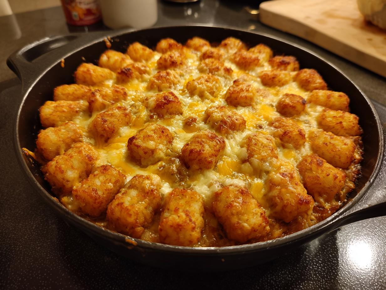A golden brown Tater Tot Breakfast Casserole with a crispy top, baked in a cast iron skillet with melted cheese.