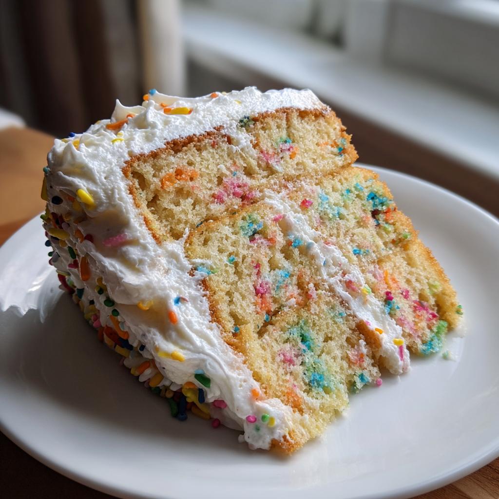 A delicious slice of Vanilla Confetti New Year’s Cake with white frosting and colorful sprinkles.