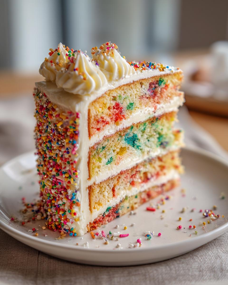 A slice of Vanilla Confetti New Year's Cake with colorful sprinkles and white frosting.