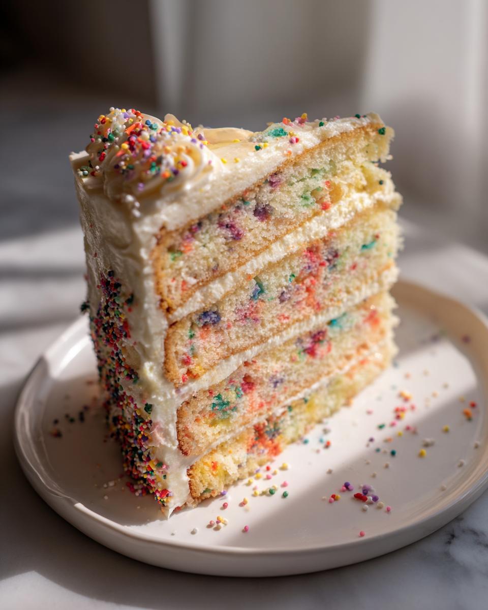 A slice of Vanilla Confetti New Year’s Cake with white frosting and colorful sprinkles.