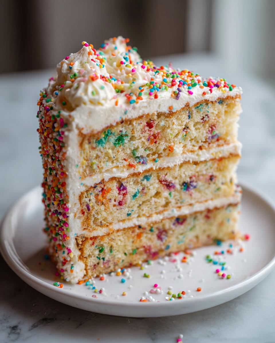 A slice of Vanilla Confetti New Year's Cake with white frosting and colorful sprinkles.