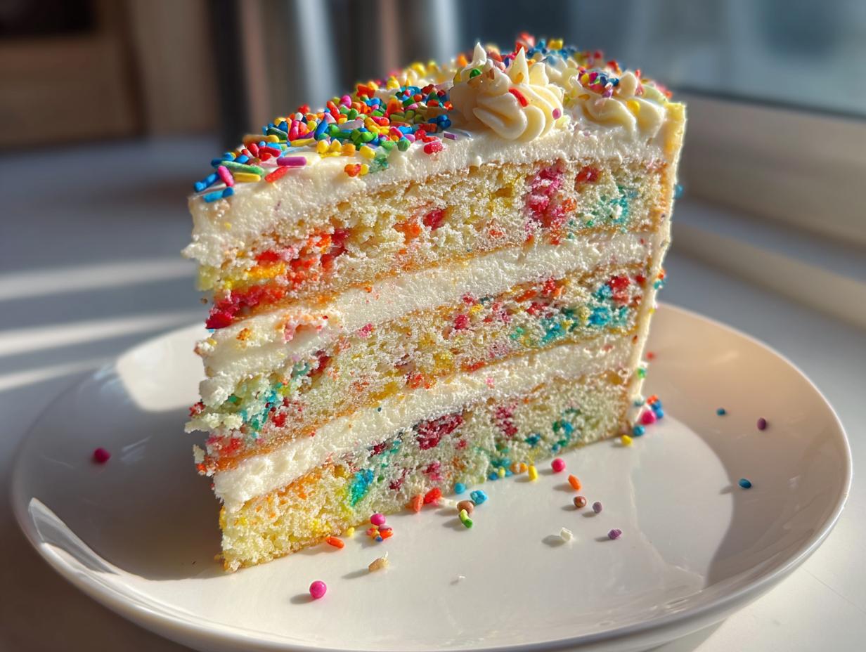 A slice of Vanilla Confetti New Year’s Cake with colorful sprinkles and white frosting.
