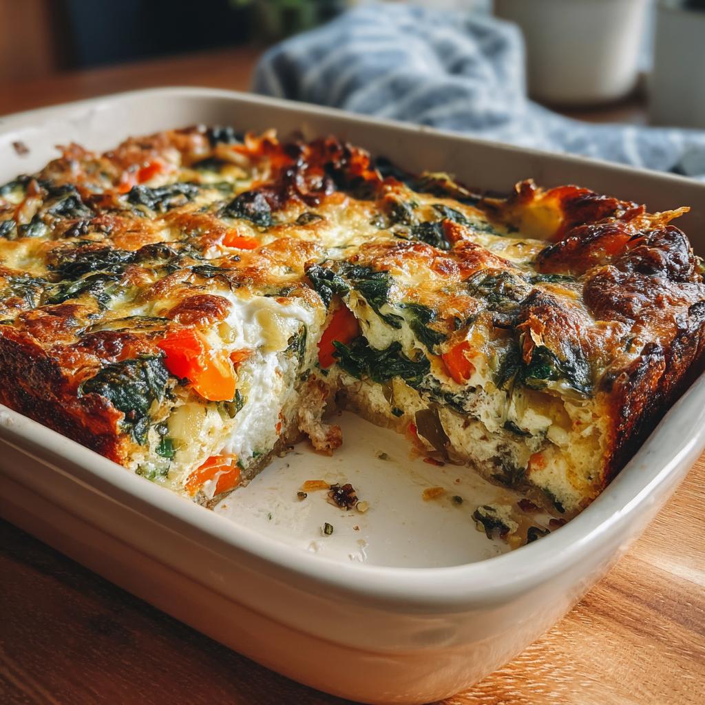A freshly baked Veggie Breakfast Casserole with spinach, peppers, and onions, cut to show a slice.
