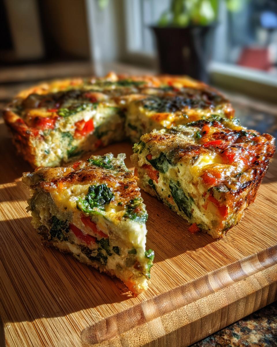 Two slices of a hearty Veggie Breakfast Casserole featuring spinach, red pepper, and onion, served on a wooden cutting board.