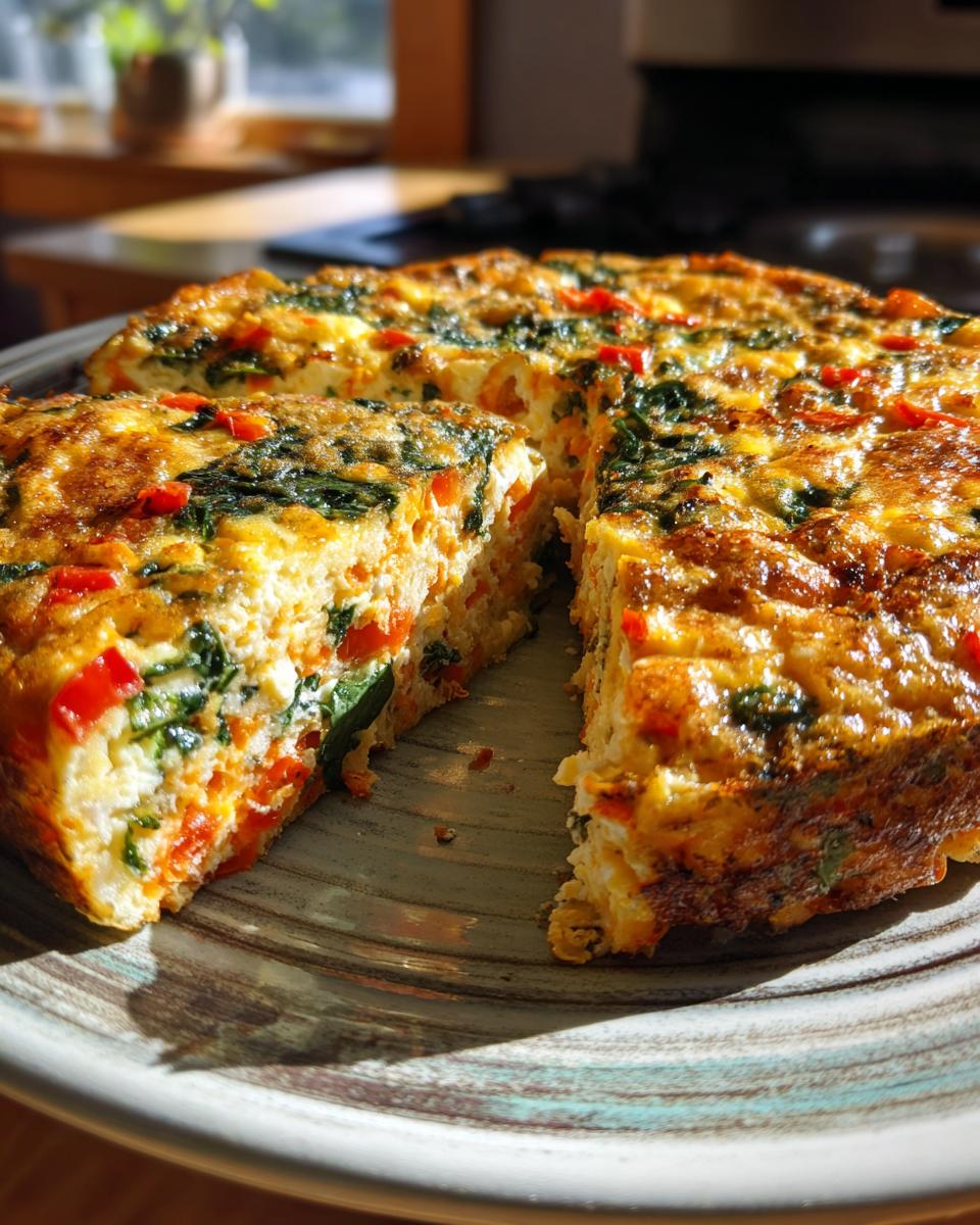 A slice of Veggie Breakfast Casserole with spinach, red pepper, and onion, served on a plate.