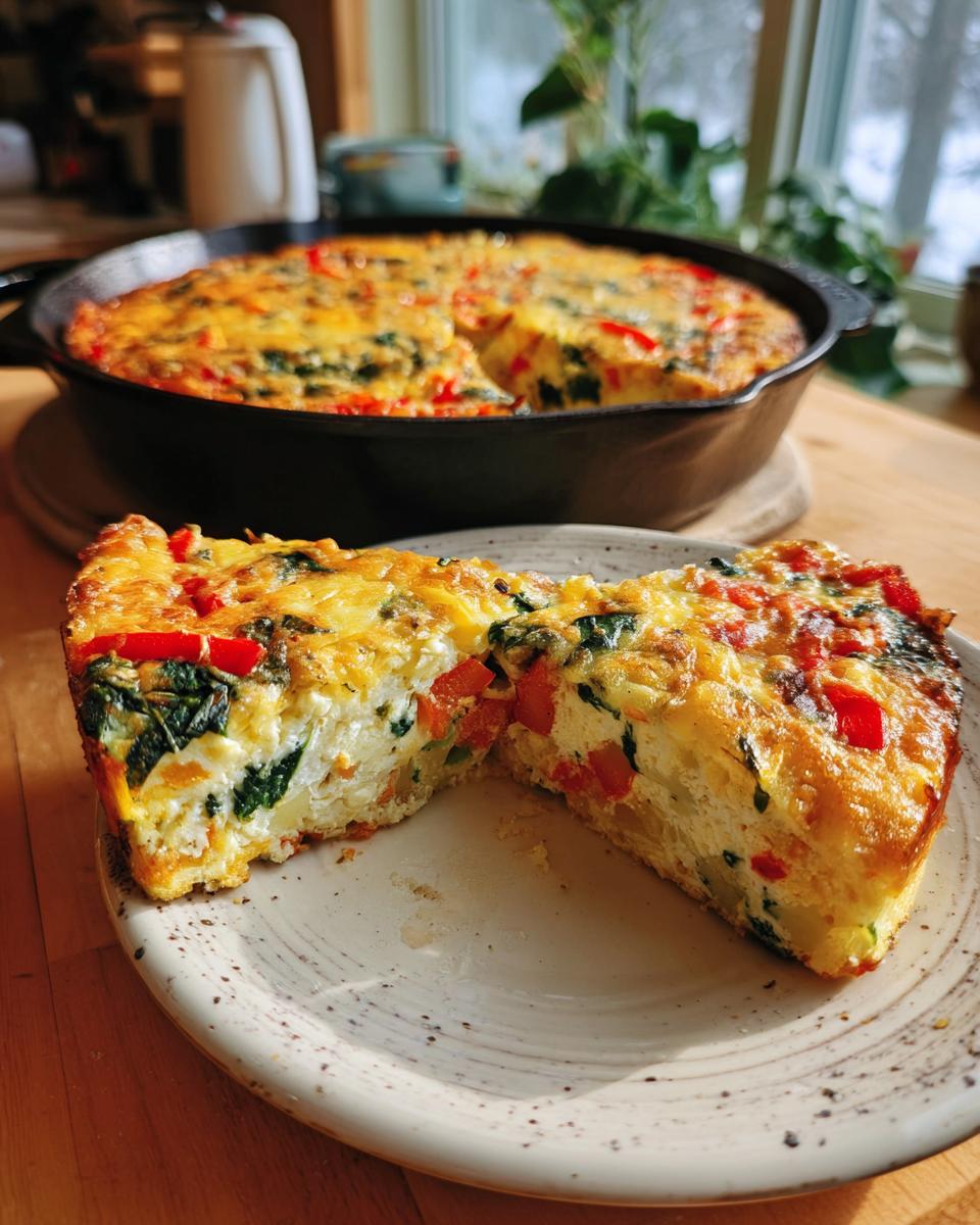 A hearty slice of Veggie Breakfast Casserole (Spinach, Pepper, Onion) on a plate, showing fluffy eggs, vibrant spinach, and red bell peppers.