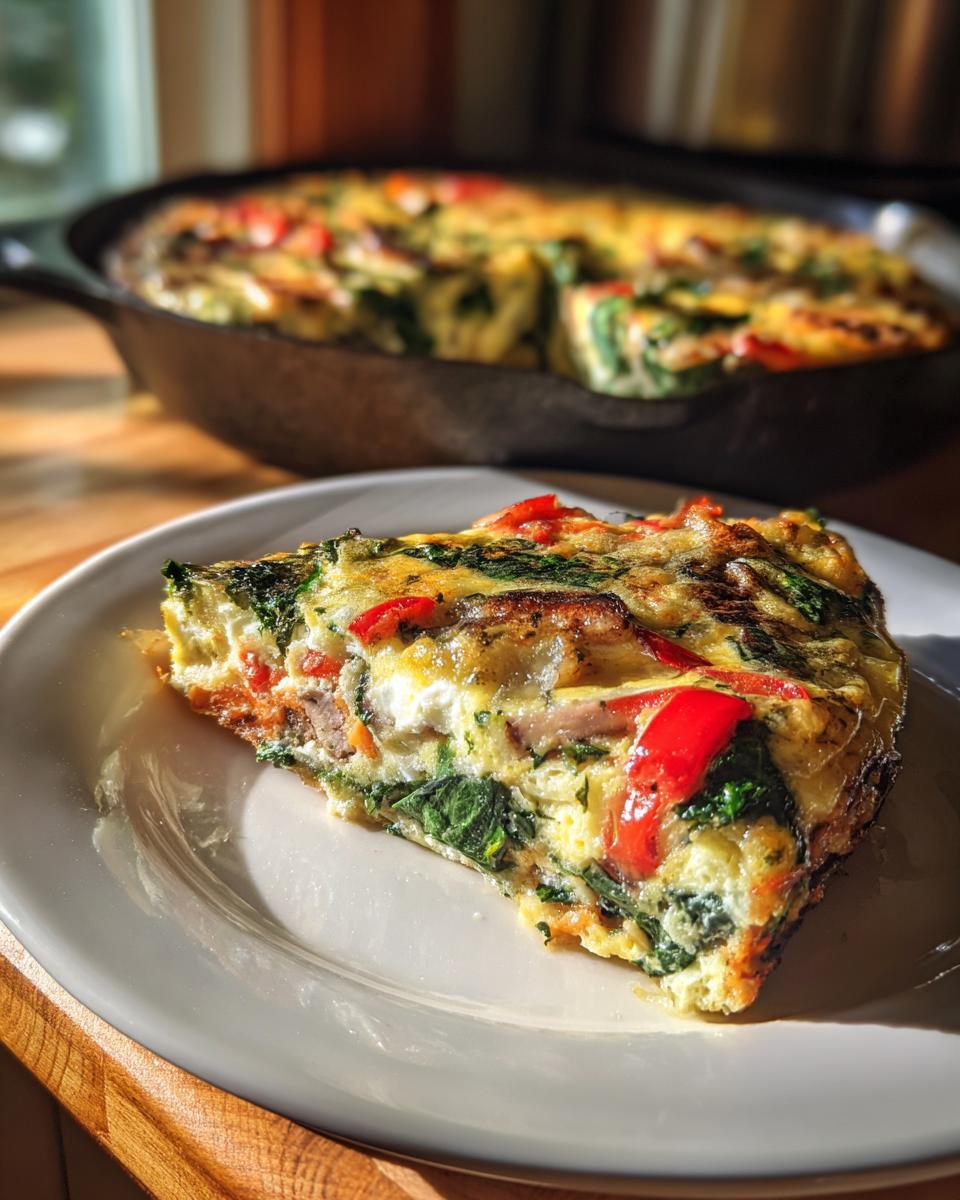 A delicious slice of Veggie Breakfast Casserole with spinach, red pepper, and onion, served on a white plate.