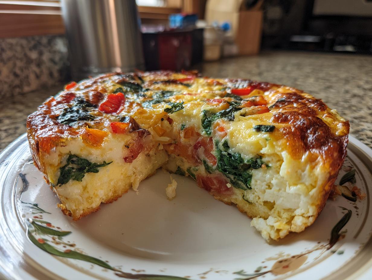 A slice of Veggie Breakfast Casserole (Spinach, Pepper, Onion) on a plate, showing fluffy eggs, spinach, red pepper, and onion.