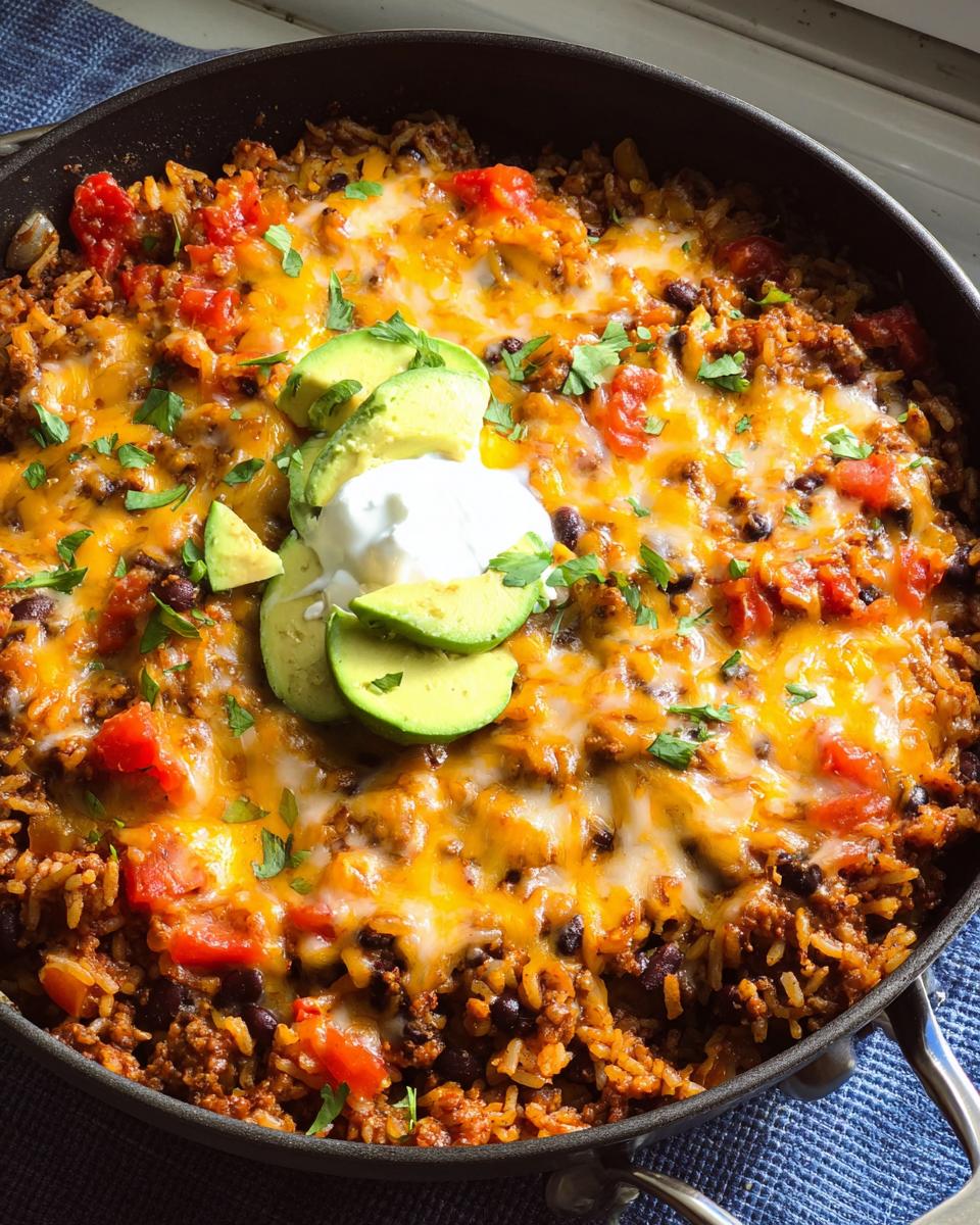 Close-up of a finished Taco Skillet with melted cheese, topped with sour cream, avocado slices, and cilantro.