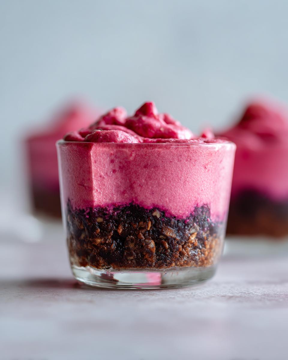 Close-up of a layered 5-Ingredient Healthy Valentine’s Dessert Cup with a dark crust and bright pink mousse topping.