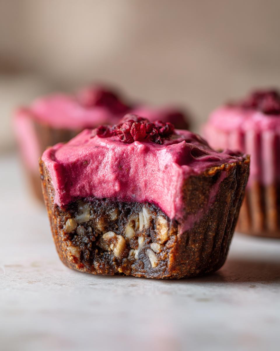 Close-up of a 5-Ingredient Healthy Valentine’s Dessert Cup with a bite taken out, showing a nutty base and bright pink topping.