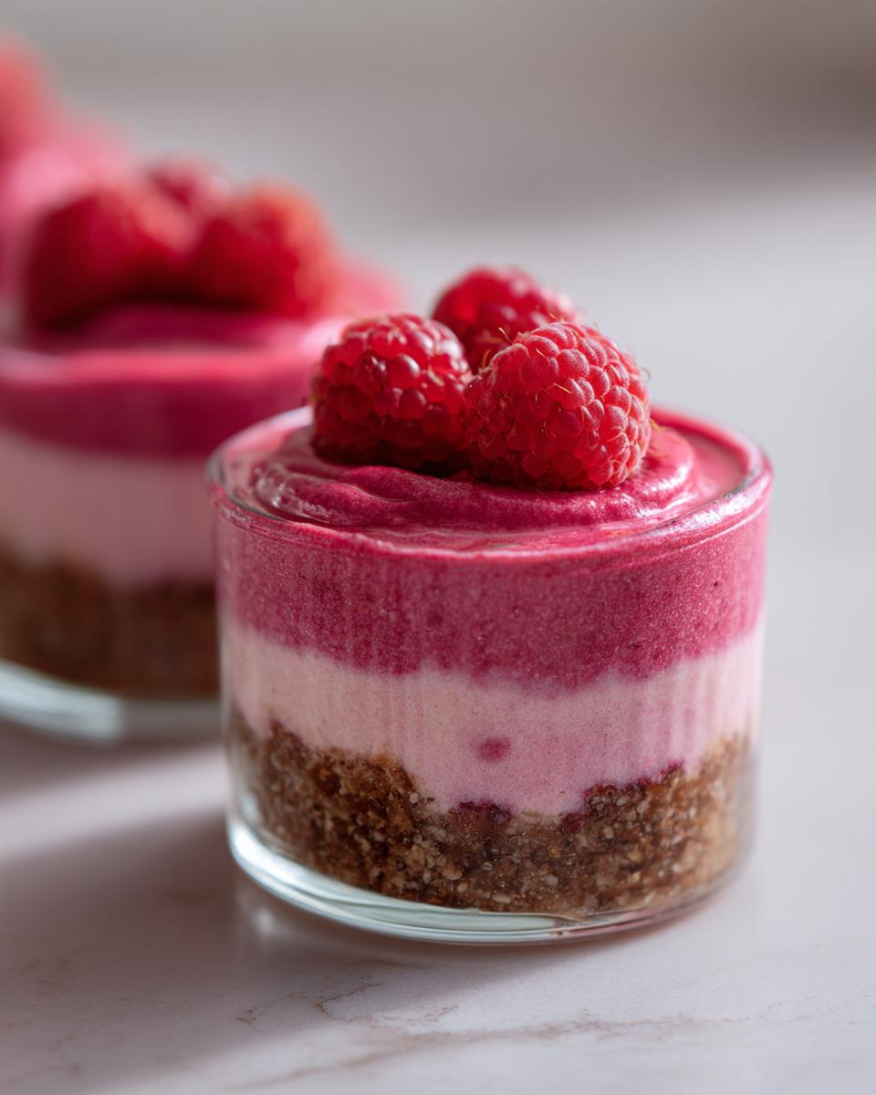 Close-up of a layered 5-Ingredient Healthy Valentine’s Dessert Cup topped with fresh raspberries.