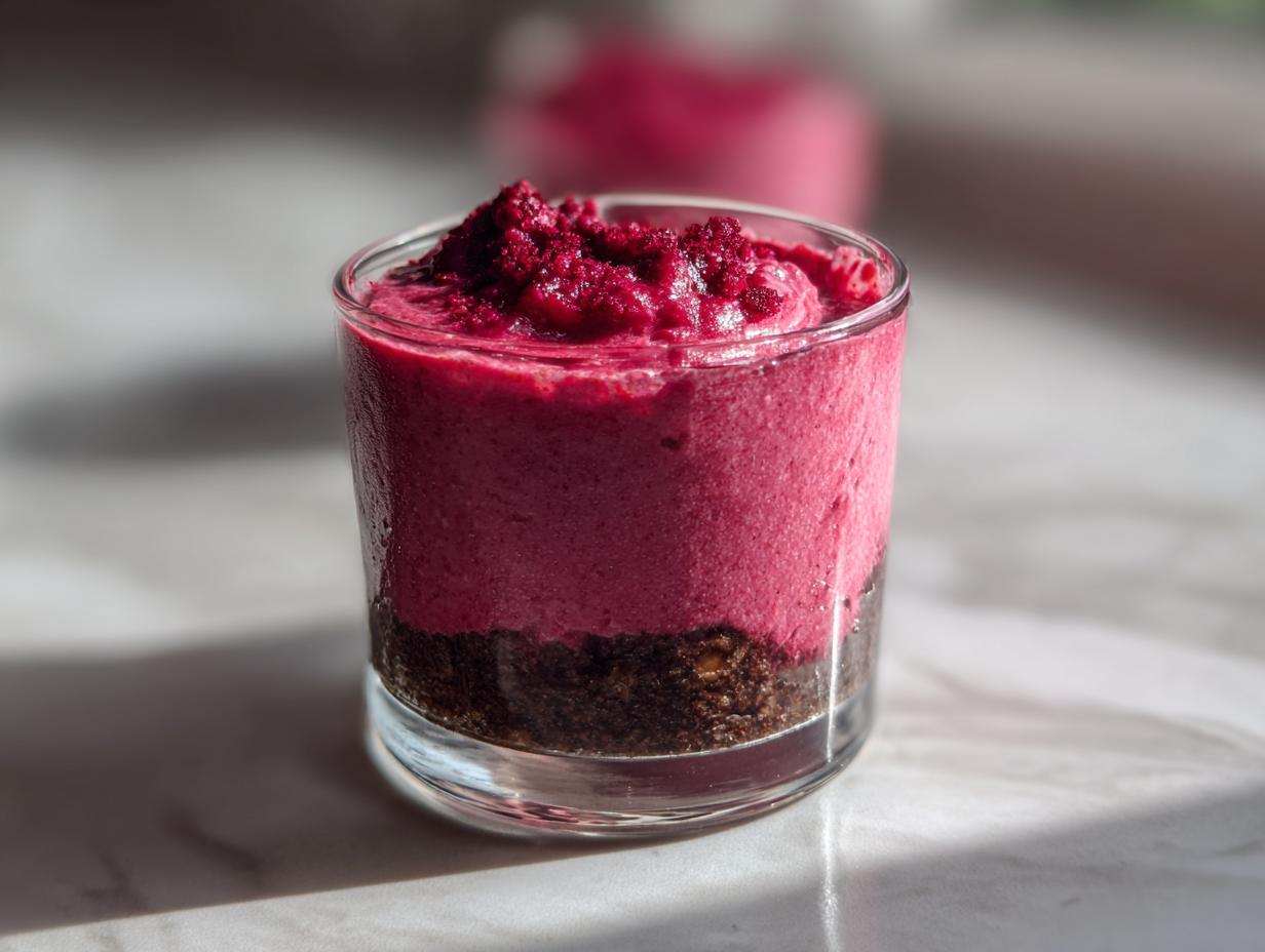 Close-up of a layered 5-Ingredient Healthy Valentine’s Dessert Cups featuring a dark crust and bright pink mousse.