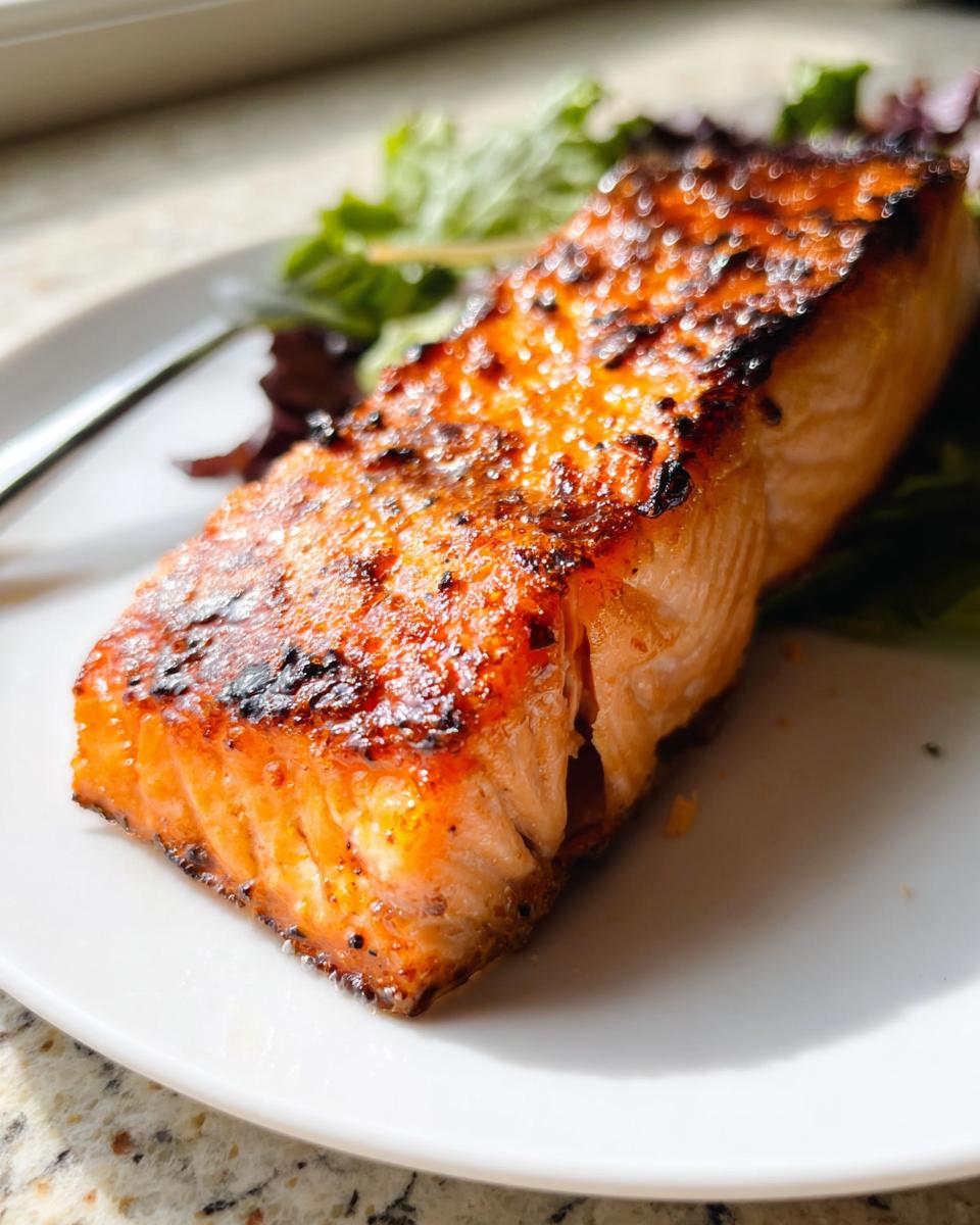 Close-up of a perfectly cooked Air Fryer Salmon fillet with crispy, caramelized edges served on a white plate.