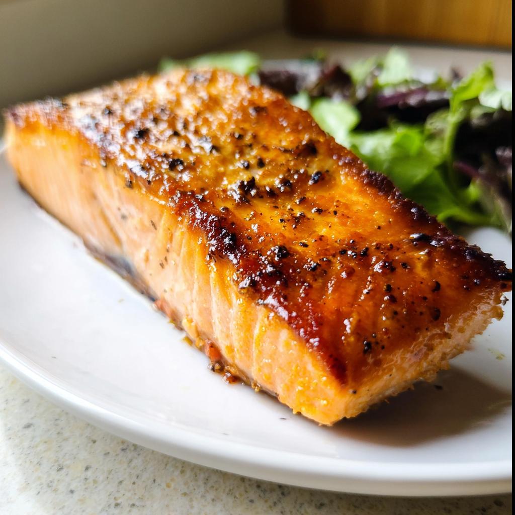 Close-up of a perfectly cooked Air Fryer Salmon fillet with crispy, caramelized edges and black pepper seasoning.