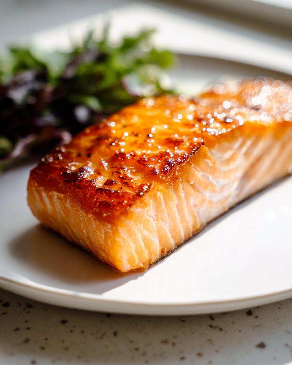 Close-up of a perfectly cooked Air Fryer Salmon fillet with a glossy, caramelized top and crispy edges.