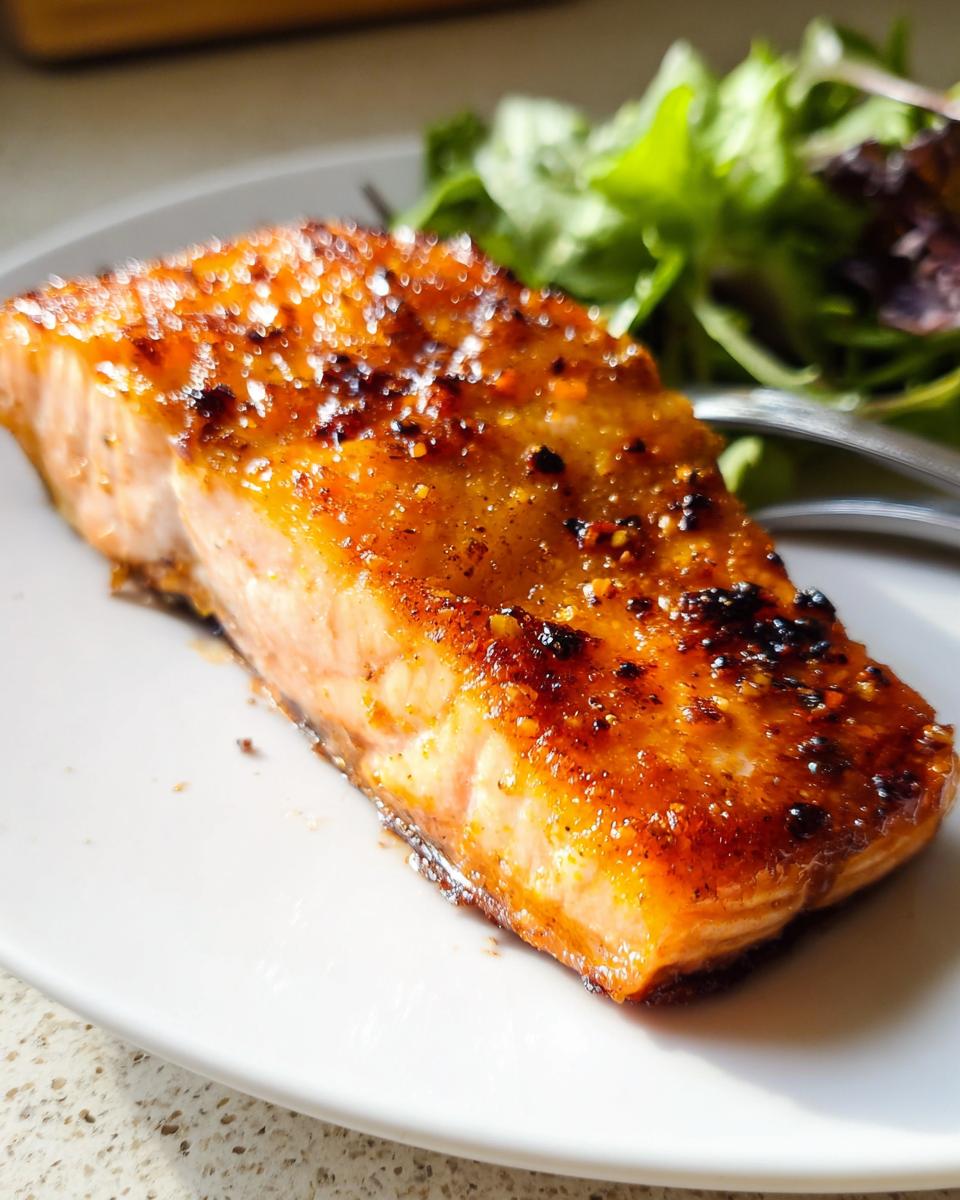 A perfectly cooked fillet of Air Fryer Salmon with crispy, caramelized edges served with a side of fresh green salad.