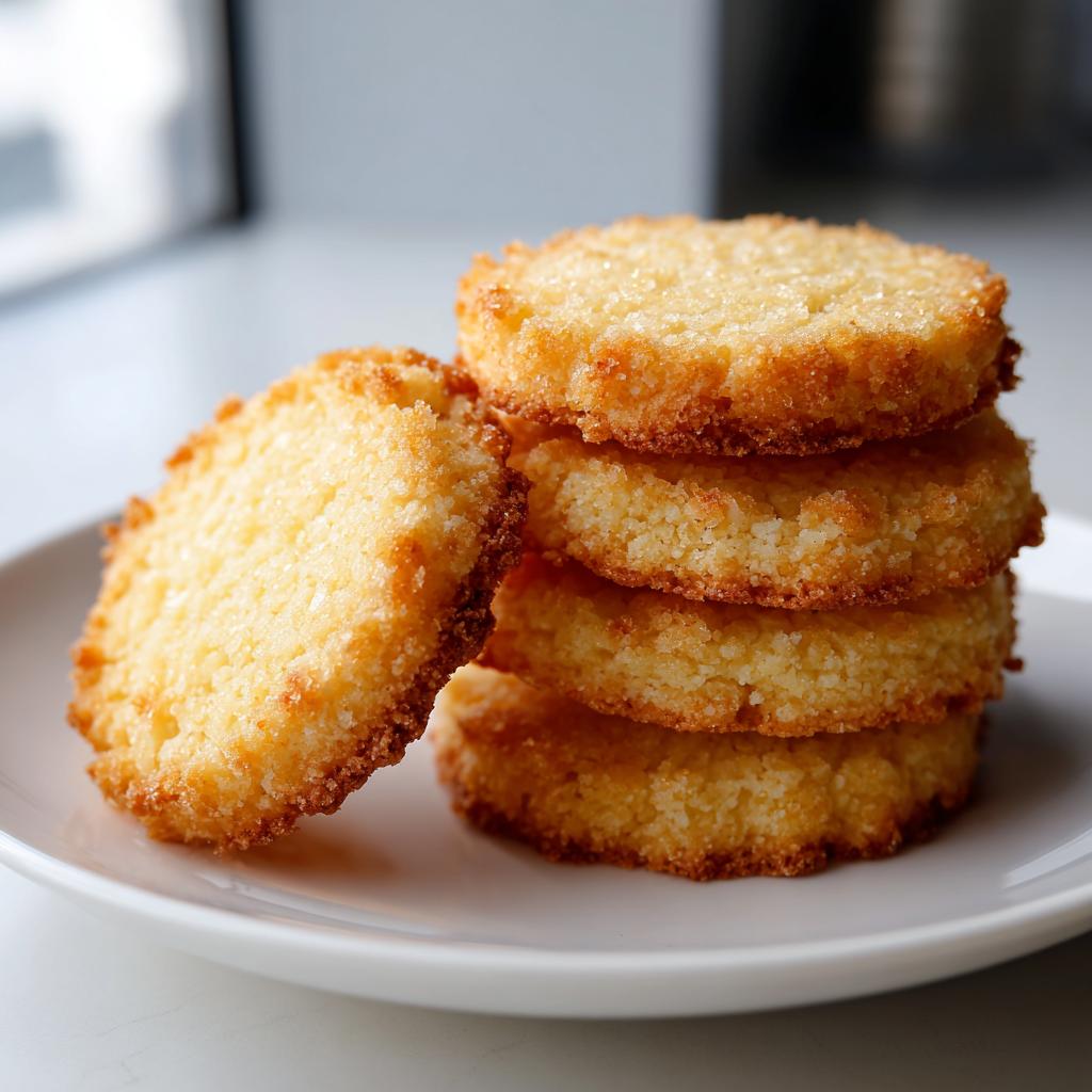 A stack of four golden, slightly crispy shortbread cookies, with one leaning against the pile on a white plate.