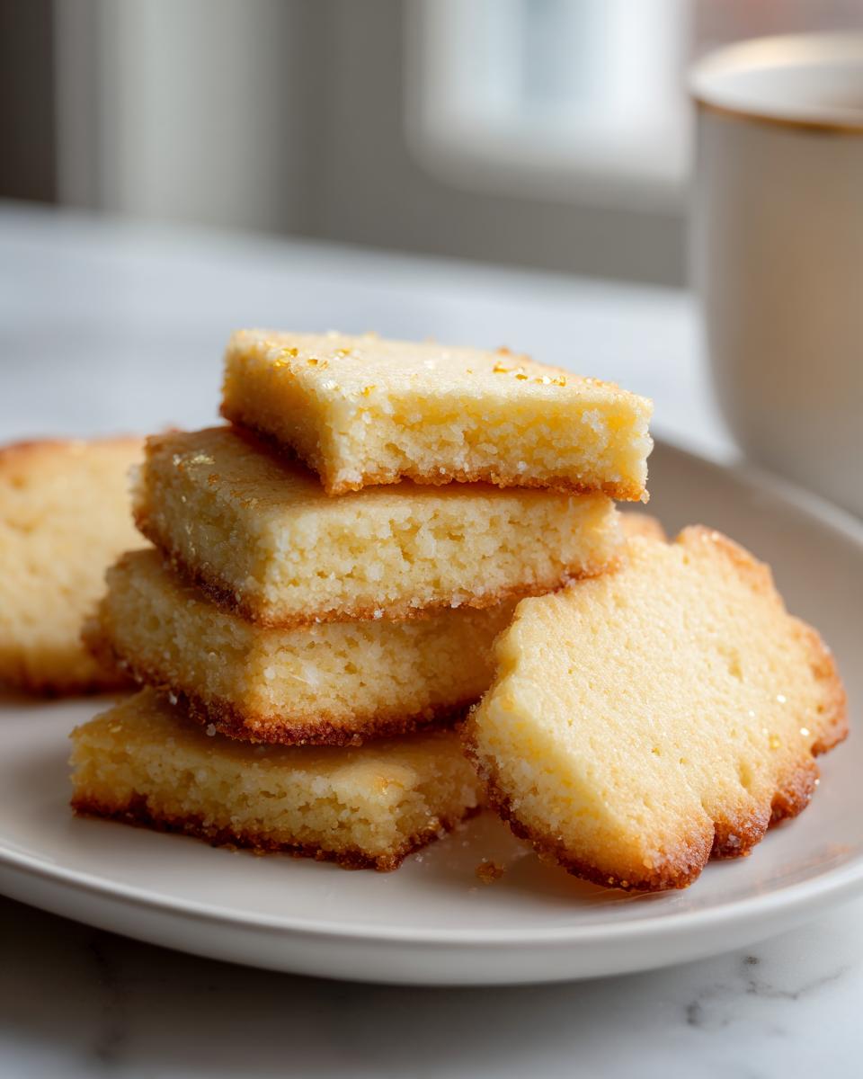 A stack of buttery shortbread cookies, some square and one flower-shaped, served on a white plate.