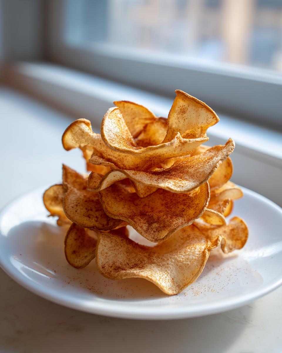 A stack of thinly sliced, baked apple chips dusted with cinnamon, perfect for low-calorie snacks.