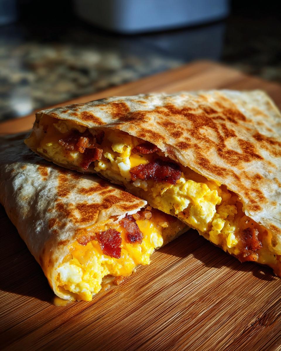 Two halves of a crispy Bacon Egg Cheese Breakfast Quesadilla showing scrambled eggs, melted cheese, and crispy bacon filling.