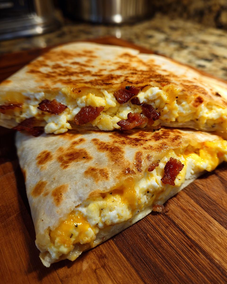 Close-up of Bacon Egg Cheese Breakfast Quesadillas cut in half, showing scrambled eggs, melted cheese, and crispy bacon inside.