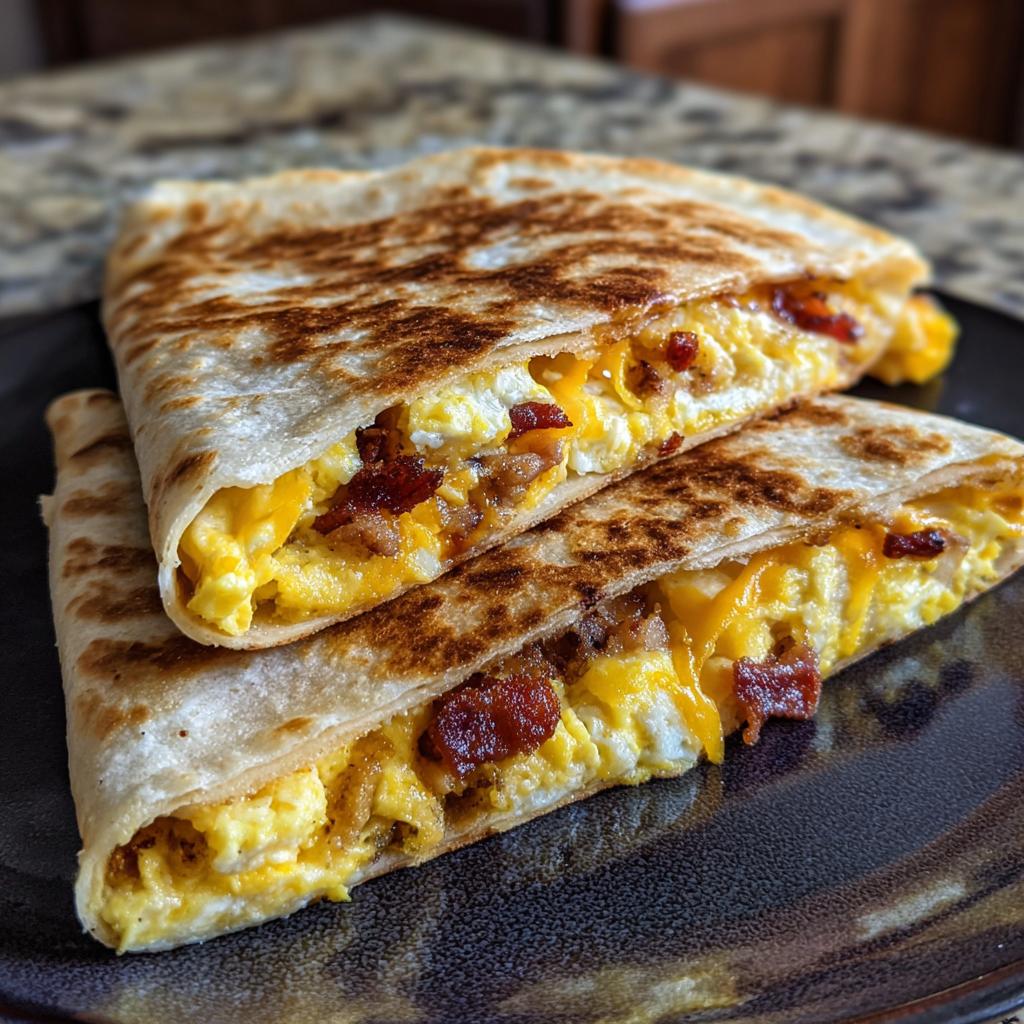 Two halves of a Bacon Egg Cheese Breakfast Quesadilla stacked on a dark plate, showing scrambled eggs, melted cheese, and bacon bits.