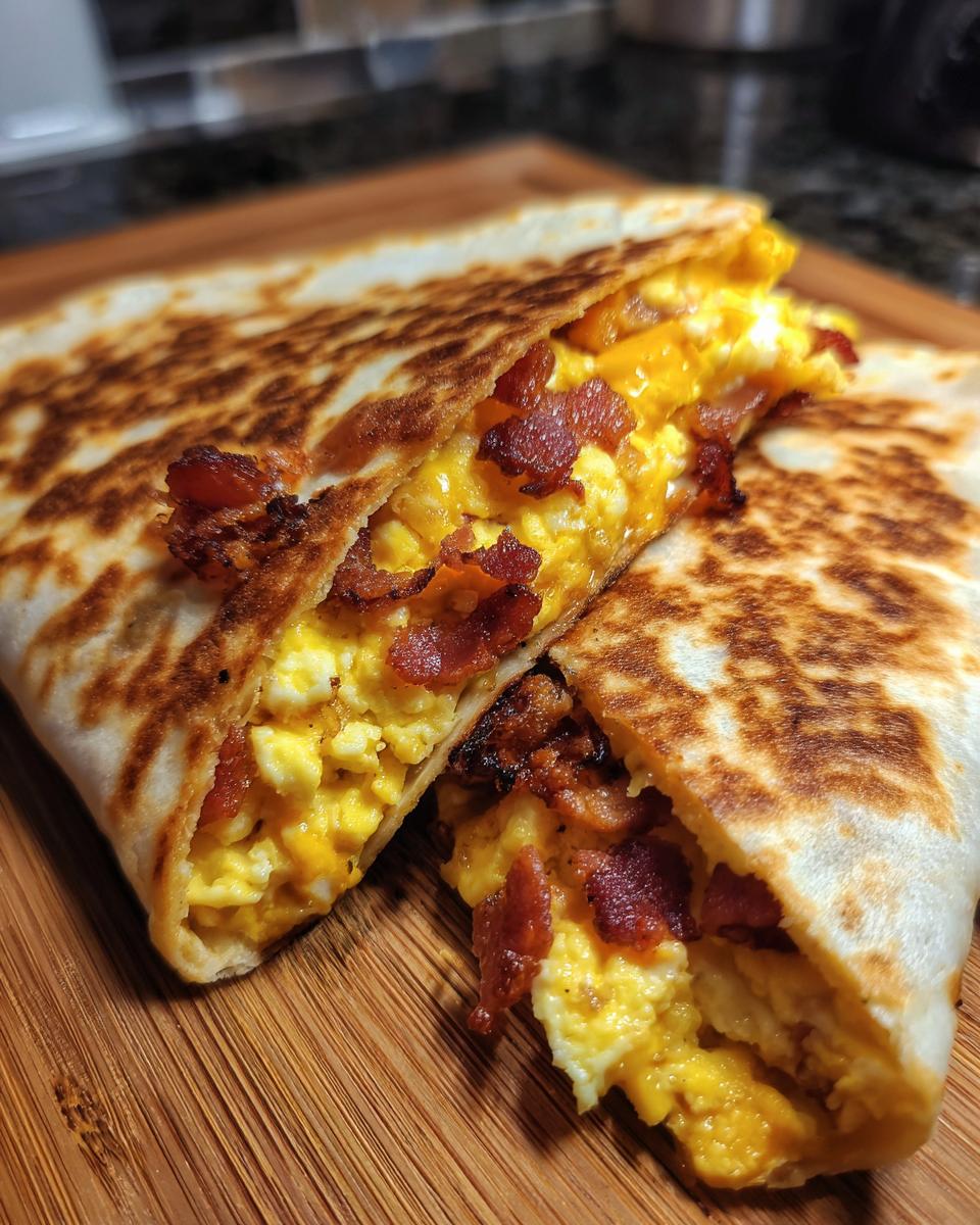 Close-up of Bacon Egg Cheese Breakfast Quesadillas cut in half, showing fluffy scrambled eggs and crispy bacon inside.