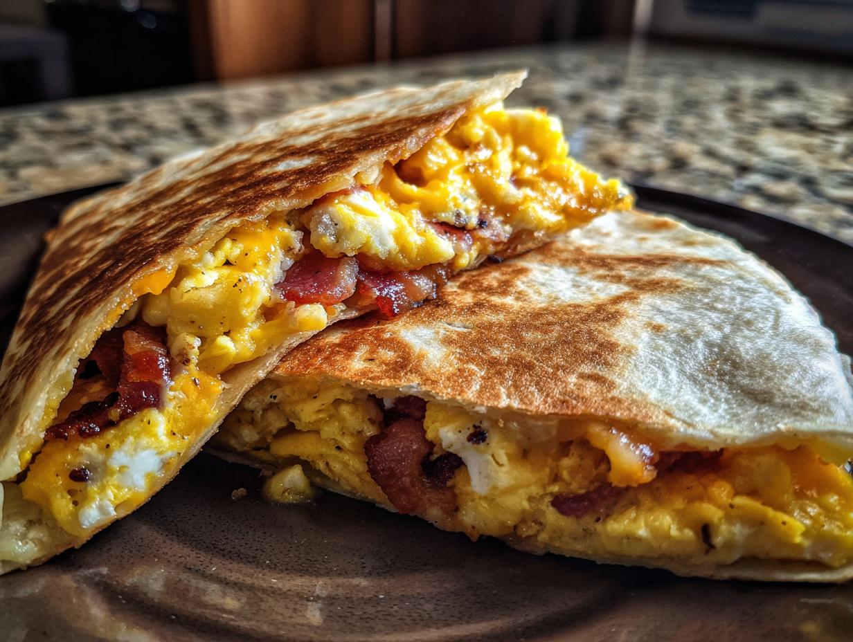 Close-up of Bacon Egg Cheese Breakfast Quesadillas cut in half showing fluffy eggs, bacon, and melted cheese.