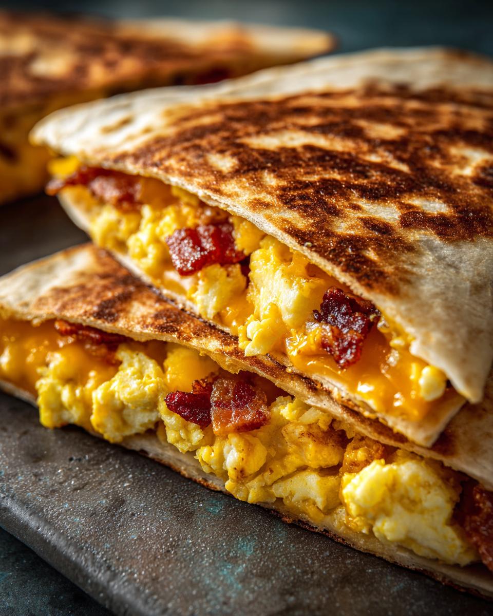 Close-up of stacked Bacon Egg Cheese Breakfast Quesadillas showing fluffy eggs, melted cheese, and crispy bacon inside a toasted tortilla.