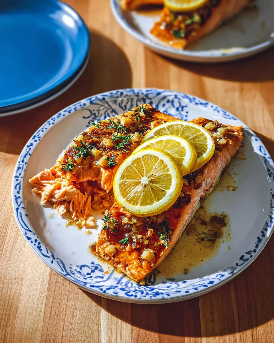 A perfectly cooked fillet of Baked Lemon Garlic Salmon topped with garlic, herbs, and three thin lemon slices.